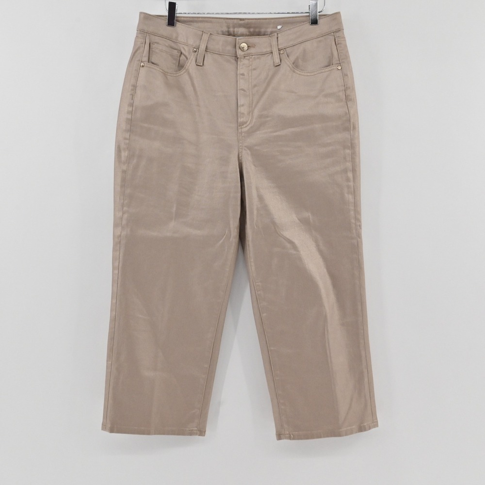 Chicos So Slimming Juliet Crop Pants Womens Size 14 Tan Metallic Cotton Gold